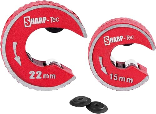 Sharp-tec Pipe Cutter 15mm and 22mm, Copper Pipe Cutter with Aluminum Alloy Body, 2 Replacement Tube Cutting Wheels, Round Pipe Slice for Cutting Copper, Brass, PVC, Aluminum