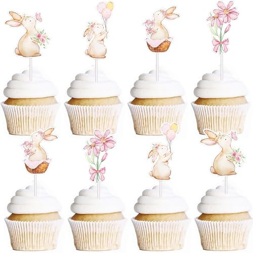 DazzJoy Ostern Tortendeko Hase Cupcake Toppers,20 Stück Kuchen Deko Ostern,Blumen Tortendeko Geburtstag,Hase Muffin Deko Ostern,Hase Cake Topper Babyparty,Blumen Cupcake Deko Kinder Geburtstag Party