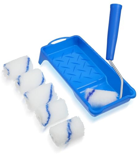 Gjinxi 8 Stück Farbroller Set, Lackierwalze Schaumstoff Farbwalzen Farbrollerrahmen mit Farbwanne Mini Farbroller für Möbel Malerei und Renovierung