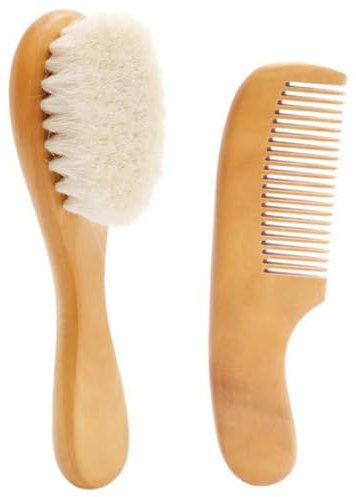 Babykamm, Babybürste Set natürliche Holzbabypinsel und Kammset enthalten Baby Haarbürste und Babykamm Weiche Neugeborene Haarbürste mit Griff & Wollborsten Babypflege Kit für Jungen Mädchen, Babybürs