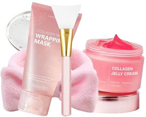 Shefave Collagen Night Wrapping Mask, Skincare Set mit Collagen Mask Peel Off Maske Gesicht, Collagen Jelly Cream, Elastizität und Feuchtigkeit, Overnight Maske Gesicht Masken, Gesichtsmaske Korea