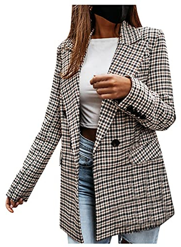 Generisch Women's Jacket Checked Tweed Blazer Oversized Jacket Shirt Jacket Checked Long Sleeves Autumn Winter Transition Jacket with Pockets Button Placket Lapel Coat Plush Blouse Shirt Long Blazer,