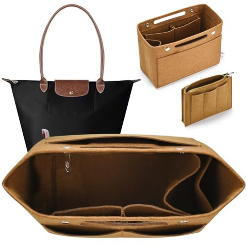 Inelya organisateur de sac en feutre épais, insert rigide 26 cm compatible sac Longchamp Pliage M, 18 compartiments, 2 poches zippées, idéal sac à main et cabas (kaki)