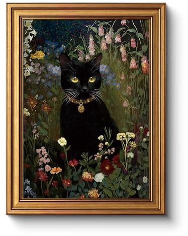 Vintage Gold Frame Black Cat in Garden 12x16 Wall Art, Botanical Wildflowers Floral Oil Painting Framed Canvas Print, Flowers Halloween Dark Gothic Bedroom Cottagecore Bathroom Decor