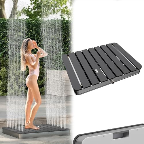 Froadp Ducha de jardín, ducha de camping, aluminio y WPC, color madera, cartucho de sauna con superficie antideslizante, 55 x 70 cm, resistente a la intemperie, aspecto de madera, ducha exterior para