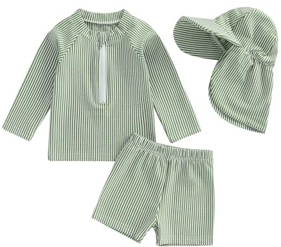 BeliBacca Toddler Baby Boy Rash Guard Set Stripe Print Long Sleeve Zip Up Top Swim Truck with Hat 3pcs Infant Swimsuit Boy Newborn Bathing Suit (Green, 2-3 Years)