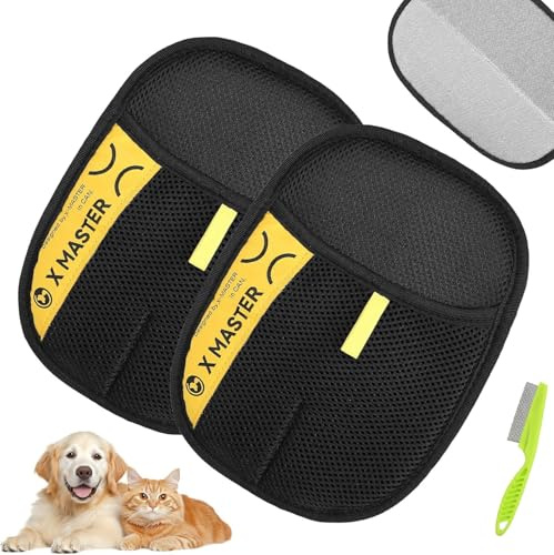 2025 Pro Lot de 2 gants d'épilation d'animaux domestiques avec peigne anti-puces, gants électrostatiques 3 en 1 pour enlever les poils d'animaux domestiques, chiens, chats, meubles, voiture (taille