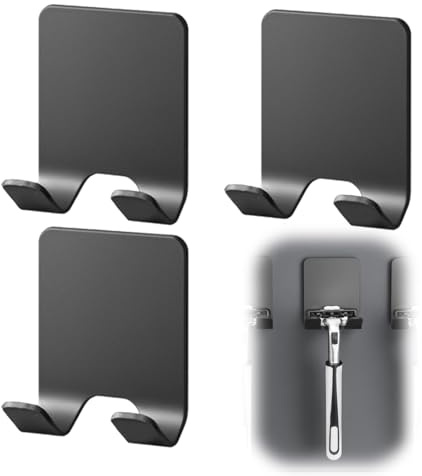 KEWUF Rasierer Halterung Dusche, Selbstklebend Haken Rasierhalter, Handtuchhaken ohne Bohren, Rasierer Halterung, Haken Dusche, für Tür Wand Badezimmer, Küche (3 Stück, Schwarz)
