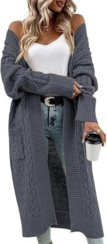 Saodimallsu Cardigan da donna lungo in maglia grezza cardigan casual con vestibilità sciolta elegante pullover con tasche a maniche lunghe con apertura frontale aperta monocromatico, grigio., L