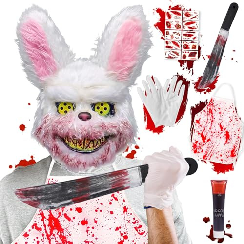 SaiXuan Masque Lapin Halloween Effrayant – Déguisement Lapin Blanc Ensanglanté Cosplay avec Tablier Sanglant, Faux Couteau, Gants, Tatouages et Faux Sang, Kit Costume Lapin Tueur Adulte