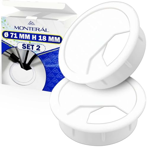 2 Piezas Pasacables Escritorio Ø 60/71 mm H 18 mm - Tapa Pasacables Mesa Color Blanco - MONTERAL
