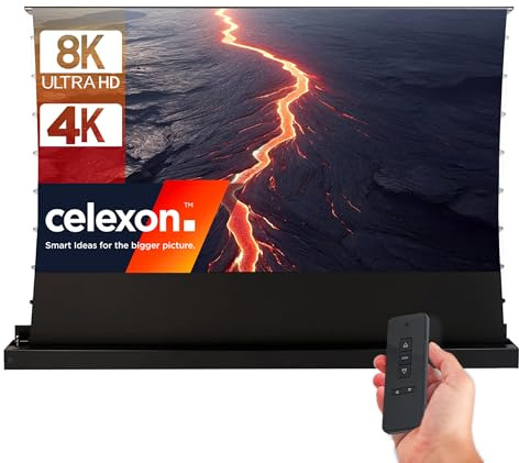 celexon HomeCinema Plus CLR UST Écran de Projection motorisé 130 Noir | 284,5x159,9cm 16:9 | Écran encastrable et enroulement à Ciseaux au Sol 8K/Full HD pour projecteurs à Ultra-Courte focale