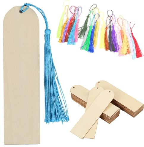 3,2x12cm 24 Stück Holz Blanko Lesezeichen mit 24 Stück Bunten Quasten Set, DIY Bookmark Kit mit Löchern für Handwerk, Geschenkanhänger, Partydekoration und Personalisierte Bastelprojekte