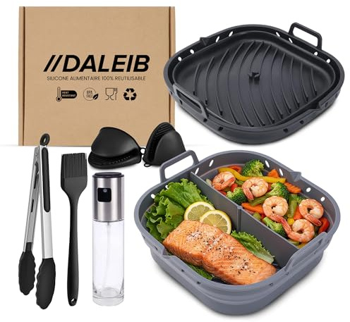 Lot de 7 accessoires Air Fryer, Moules en Silicone-Réutilisables-Avec Séparateur amovible-Double compartiment, SPray Vaporisateur d'huile, Pince, Pinceau, Gants de cuisine