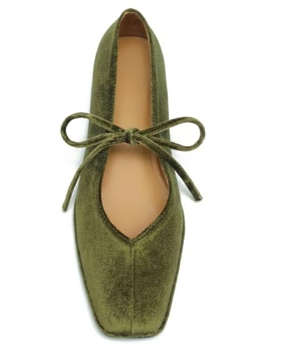Green Square Toe Lace Up Ballet Flats for Women Slip On Mary Jane Flats Casual Ballerina Shoes
