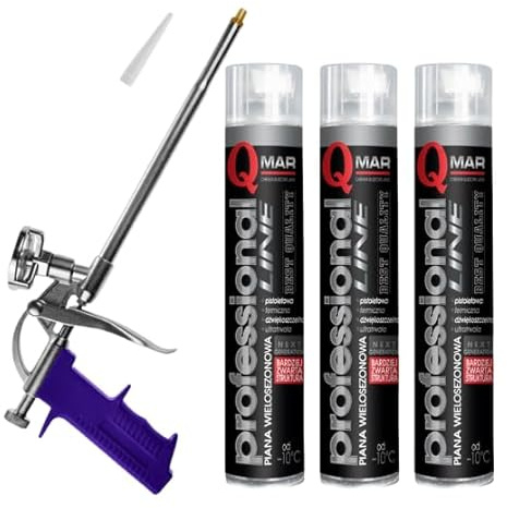 QMAR Niederdruck-Montageschaum mit Pistole – Set 3×750 ml, Ganzjahres-Schaum für Fenster und Türen + Stahlpistole + Düse, Wärme- und Schalldämmung, professionelles Set