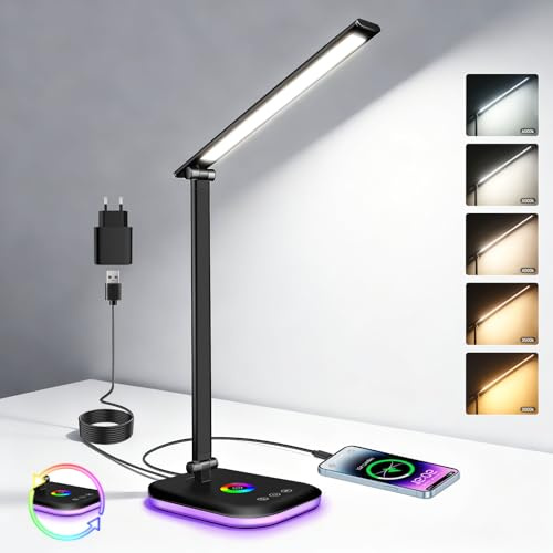 10W LED Desk Lamp with RGB Night Light, 5 Colors Stepless Dimming Table Lamp with USB Charging Port, Touch Control, Memory Function, Bedside Mood Light, for office work, study, and reading, Black