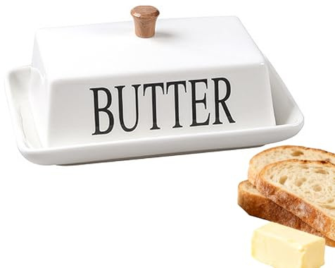 Keramik Butterdose mit Deckel, Butterdose Porzellan, 250g Fassungsvermögen, Spülmaschinenfest, 18×13×8cm weißer Butterbehälter mit Schriftaufkleber