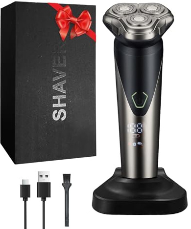 Afeitadora Eléctrica Rotativa Para Hombre, Cabezal Flotante 3D de Doble Anillo, Resistente al Agua IPX5, Carga Principal por Base y Recarga USB, el Regalo Ideal Para Hombres