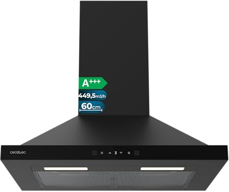 Cecotec Campana Extractora Piramidal 60 cm Bolero Flux PT 604400 Black A+++. Cristal Frontal en Negro, Succión 449,5 m³/h, Control Táctil Invisible, Función Booster, Filtros Lavables, Clase A+++