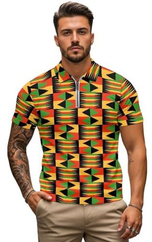 Xernghsao African Kent Geometric Print Men's Sports T-Shirt Classic Collar Half-Zip Short-Sleeve Casual Polo Shirt Quick-Dry Ideal for Golf Outdoor Sports and Everyday Wear Medium