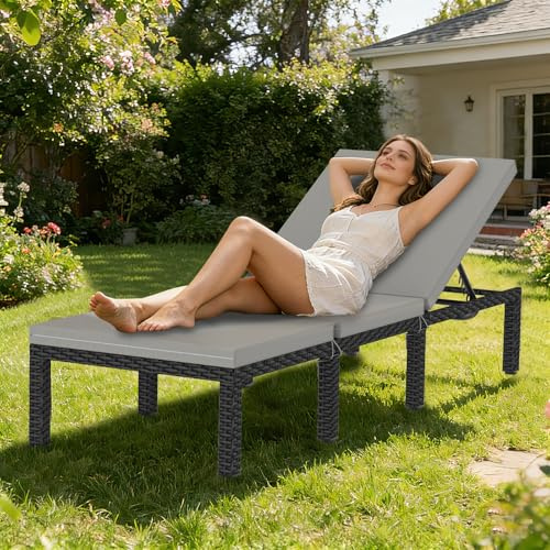 WoRaum Sonnenliege mit 5-Fach Höhenverstellbarer Rückenlehne, Gartenliege inkl. Auflage, Liegen Flache Rattanoptik, Stahlrahmenkonstruktion 190x65x35 cm, Saunaliege, Schwarzes Bett + graues Kissen