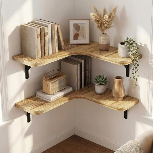L-förmiges Eckregal 2er Set Wandregal Eckregale für die Wand Holz-Eckregale | Karbonisiert Rustikales Holzregal zur Wandmontage Bücherregal Regal für Wanddekoration, Badezimmer, Küche, Kinderzimmer