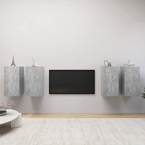 Boltkex TV-skåp, set av trämaterial, betonggrått, 30,5 x 30 x 60 cm, set om 4, hängande TV-väggskåp med 2 hyllor för vardagsrum, hemmabio, ordning