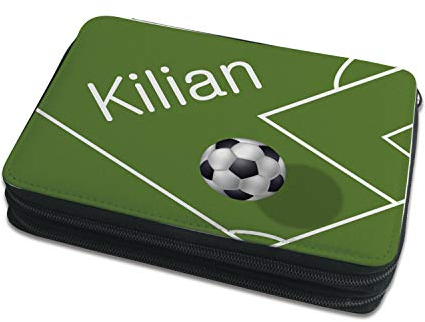 CreaDesign Kinder Federmäppchen mit (Wunsch) Namen, einzigartige Federtasche durch Personalisierung, Schulmäppchen - Motiv Fußball