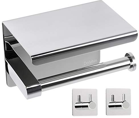 Dolvhin Klopapierhalter ohne Bohren inkl. 2 Handtuchhaken | Toilettenpapierhalter mit Ablage | Klorollenhalter selbstklebend Edelstahl | Wc Papier Halterung Badezimmer | Chrom poliert
