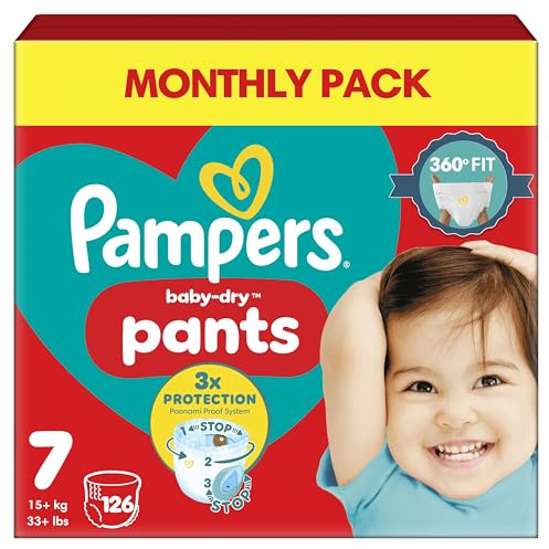 Pampers Baby-Dry Nappy Pants Size 7, 126 Nappies, 15kg+, Monthly Pack, 360° Fit To Help Prevent Gaps And Leaks