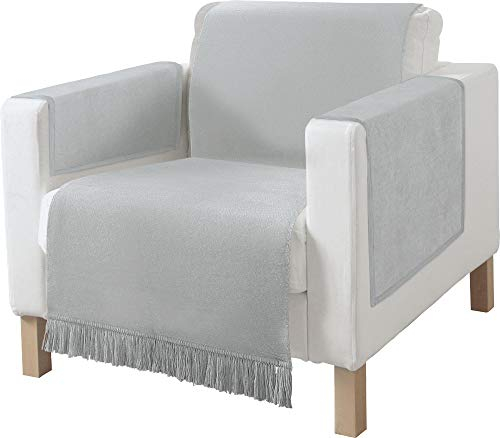 Erwin Müller Sofaüberwurf, Sofaläufer, Sesselschoner 3-TLG. Silber Größe 50x200 cm - 1 Sesselschoner, 2 Armlehnenschoner, anschmiegsam, temperaturausgleichend, mit Fransen