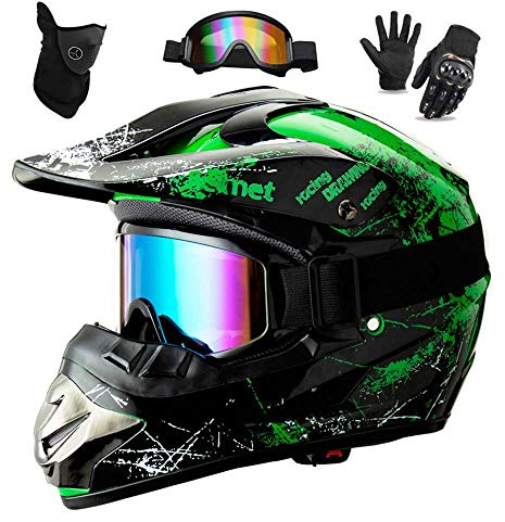 WEITY Motocross Helm Set mit Brille Handschuhe Gesichtsmaske, für Kinder und Erwachsene, Full Face AVT MX Motorradhelm für Downhill Offroad Enduro Scooter Sport tification Grün,L DSF