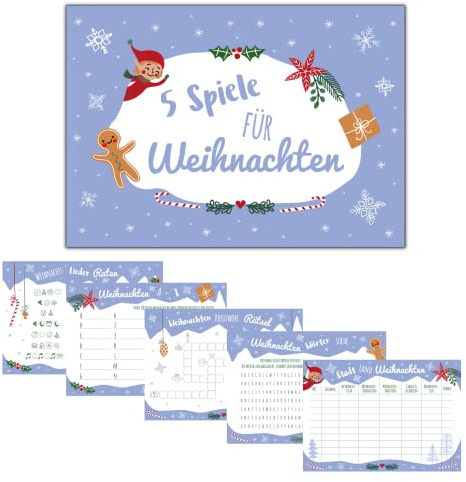 Weihnachtsspiele, 5 Spiele für Weihnachten (je 10 Stück), Weihnachtsquiz, Partyspiele Familie, 5 Weihnachtsrätsel zur Beschäftigung zu Weihnachten, Design Elf