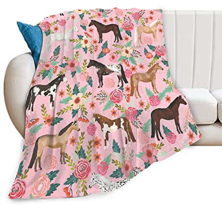 Horse Blanket Gifts for Girls Women Western Horses Flowers Print Fleece Flannel Throw Blankets Soft Lightweight Animal Plush Stuffed Pink Throws for Kids Adults Bed Sofa Decor 50x40