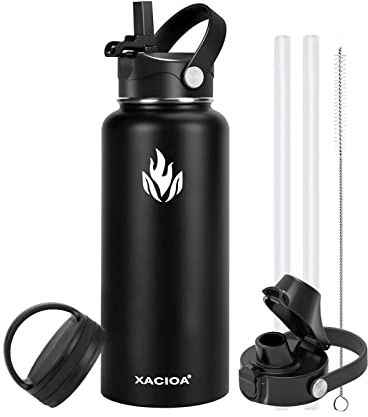 XACIOA Water Bottle Vacuum Insulated 32oz 1l with Straw Lid,Stainless Steel Drink Flask with Flip Top Bottle Lid,Metal Wide Mouth Double Walled Leak Proof Keeps Hot and Cold