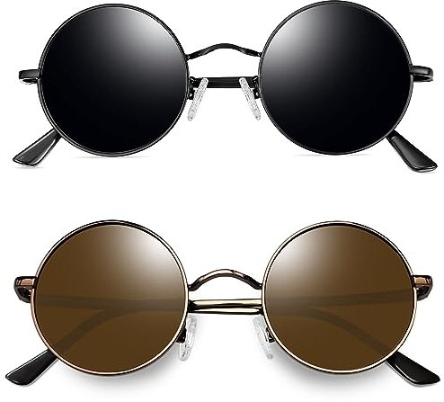 Joopin 2er-Set Sonnenbrillen Herren Rund Retro Brille Damen Hippie UV400 | Polarisiert, Metallrahmen, Klein, Schmal, Steampunk, Unisex, 30°-Flex-Scharnier, Alltag, Festivals, Partys, Halloween