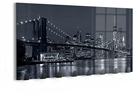 DEQORI Wandgarderobe Glas & Metall | Motiv Manhattan Bridge nachts | 60x30 cm | Design Haken-Leiste modern | Garderoben-Paneel für Flur, Wohnzimmer & Schlafzimmer | magnetisch & beschreibbar