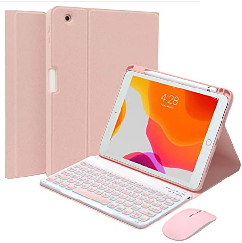 QYiiD Funda con Teclado Español para iPad Pro 12,9 Pulgadas 1a/2a Generación 2015/2017, 7 Colores Retroiluminados Bluetooth Inalámbrico Teclado Desmontable con Ratón Desmontable, Rosa