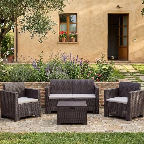 Dmora - Loungeset für draußen Venere, Outdoor-Lounge mit Couchtisch, Terrassenset mit Kissen, Gartenkomposition mit Sofa und Sesseln, Made in Italy, Braun