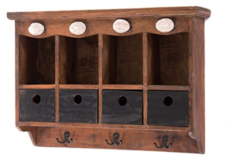 DESIGN DELIGHTS WANDREGAL Luna | Mahagoni Holz, 60 cm, mit schwarzen Schubladen und Haken | Vintage Hängeregal, Holzregal, Küchenregal, Wandschrank