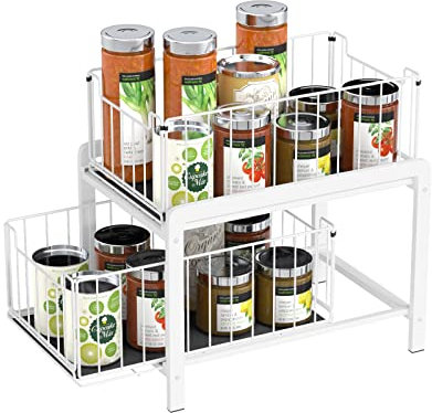 MoYouno Under Sink Storage- 2 Tier Sliding Cabinet Basket Pull Out Organizer Drawer,Detachable Metal Sliding Storage Basket, Pull Out Drawers for Kitchen and Bathroom-White