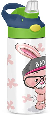 KAAVIYO Pink Rabbit Bunny Water Bottle Stainless Steel Insulated Vacuum Flask Leak Proof with Straw Brush Cup 350ML for Boys Girls Kids