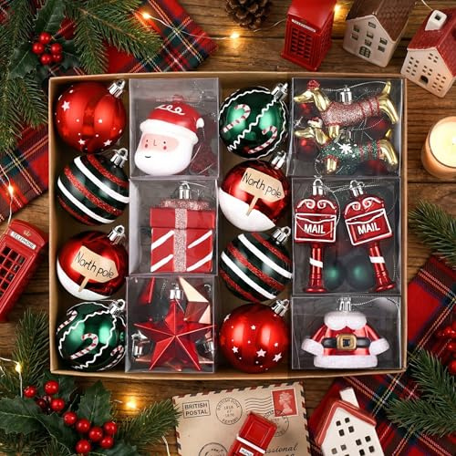 Valery Madelyn Christmas Tree Decorations 40pcs, Green Red and White Christmas Baubles Set Shatterproof Ball Ornaments for Tree