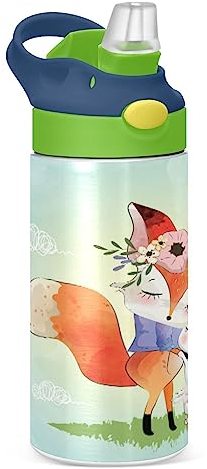KAAVIYO Love Fox Bunny Rabbit Water Bottle Stainless Steel Insulated Vacuum Flask Leak Proof with Straw Brush Cup 350ML for Boys Girls Kids