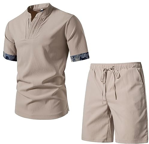Strandshirt Herren Chinesischer Stil Kurzarm Shirt Slim Fit Shorts Set Stehkragen Casual Shirt Herren 2-Teiliges Set Sommer Reise Urlaub Basic Shirt Herren B-Beige XXL