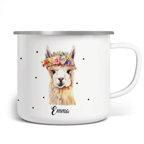 miKalino Emaille Tasse Mädchen - Trinkbecher Kinder personalisiert - Emaille Becher mit Lama-Motiv - Kindertasse mit Namen - Kindertasse bedruckt - Emaille Becher Weiß, 300ml
