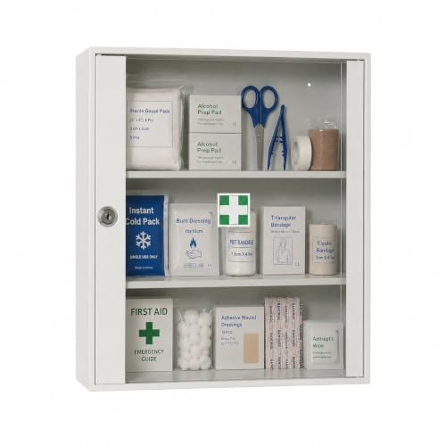 LEOMAR Medizinschrank, Apothekerschrank aus Stahlblech, mit 2 Ablagen, Abschließbar, Hausapotheke inkl. 2 Schlüssel, Medikamentenschrank, Erste-Hilfe-Schrank mit Glastüren 14 x 35 x 42 cm