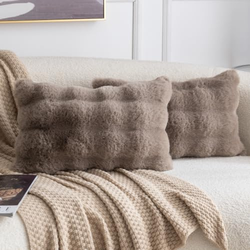 Madizz Juego de 2 Grueso Fundas de Almohada de Lana Corta Peluda de Felpa Suave Grueso Fundas de Cojines Estampados Funda de Almohada Decorativa para sofá Dormitorio Gris Pardo Rectangular 30 x 50 cm