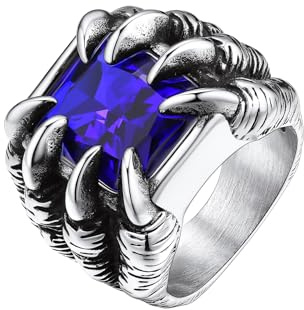 Bestyle Dragon Claw Retro Ring mit Stein Blau Quadrat Zirkonia Bandring Gothic Biker Drachen Herrenring aus Edelstahl Vintage Punk Schmuck für Männer Damen, Silber, Ringgröße 57